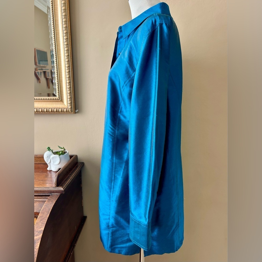 Chico's Teal Blue Raw Silk Long Sleeve Button Down Tunic Top Jacket Size 3 XL - Picture 4 of 8